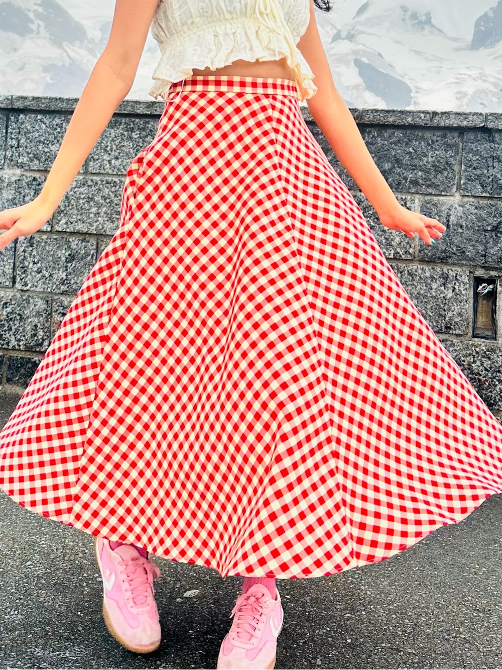 Zara Red and White Gingham Maxi skirt XS
